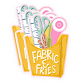 Illustration of a bag labeled 'Fabric & Fries' with scissors, ruler, and other tools.