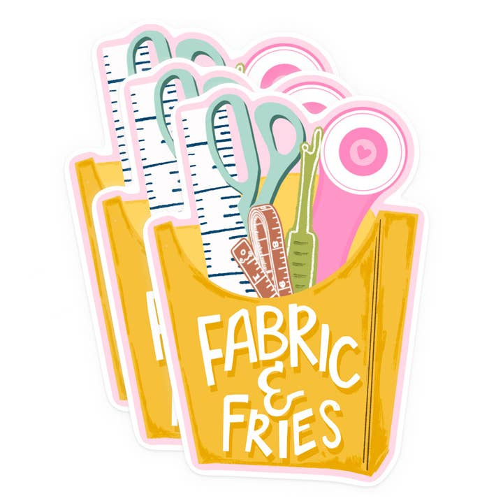 Illustration of a bag labeled 'Fabric & Fries' with scissors, ruler, and other tools.