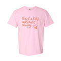 Pink t-shirt with orange text and graphic on a white background