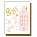 Card with pink house illustration and 'Bless this Quilty Home' text on a white background