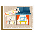 Card with sewing machine illustration and 'Forever Quilt Besties' text on a decorative background