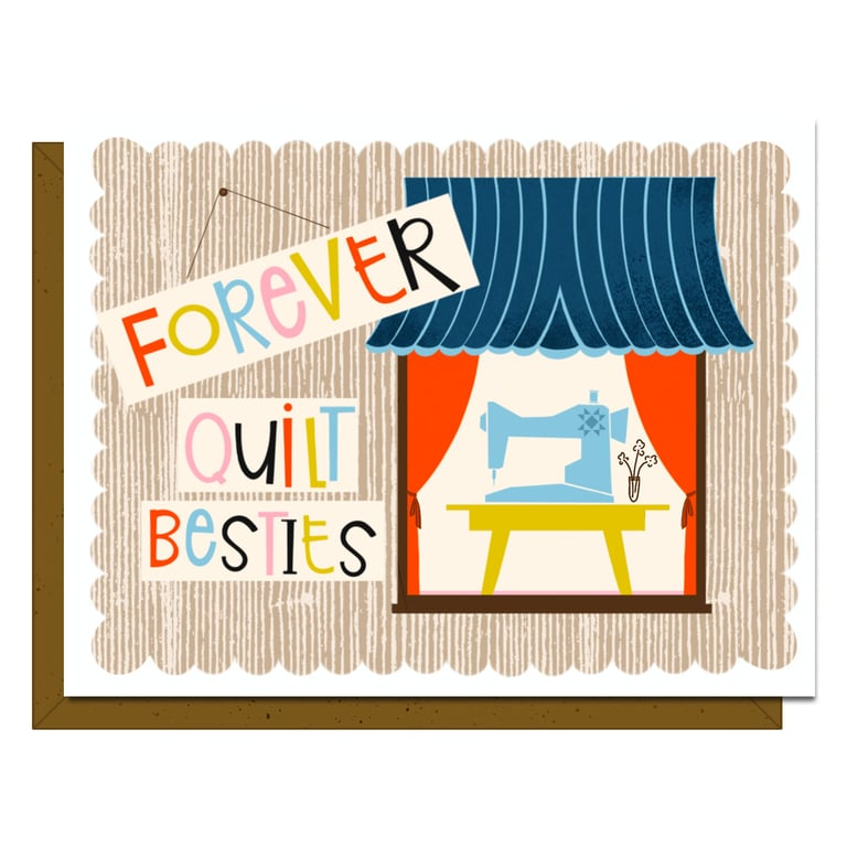 Card with sewing machine illustration and 'Forever Quilt Besties' text on a decorative background