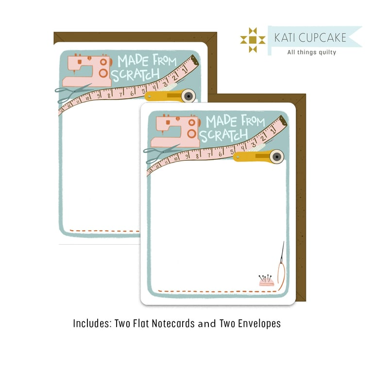 Two flat notecards with envelopes featuring sewing-themed designs and 'Kati Cupcake' branding.