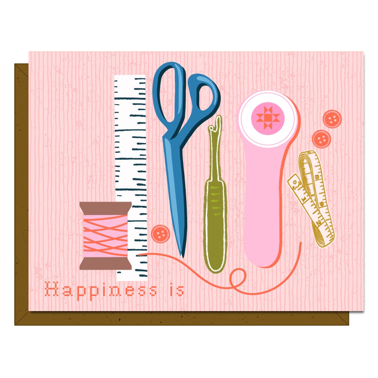 Illustration of sewing tools on a pink background with 'Happiness is' text.