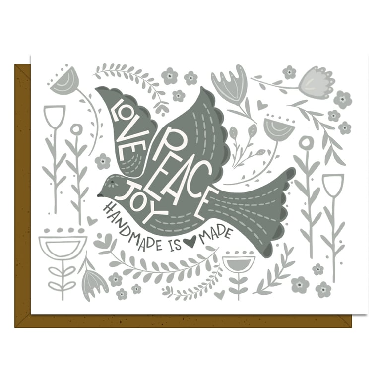 Decorative design with a dove and text 'Love Peace Joy' surrounded by floral elements on a white background.