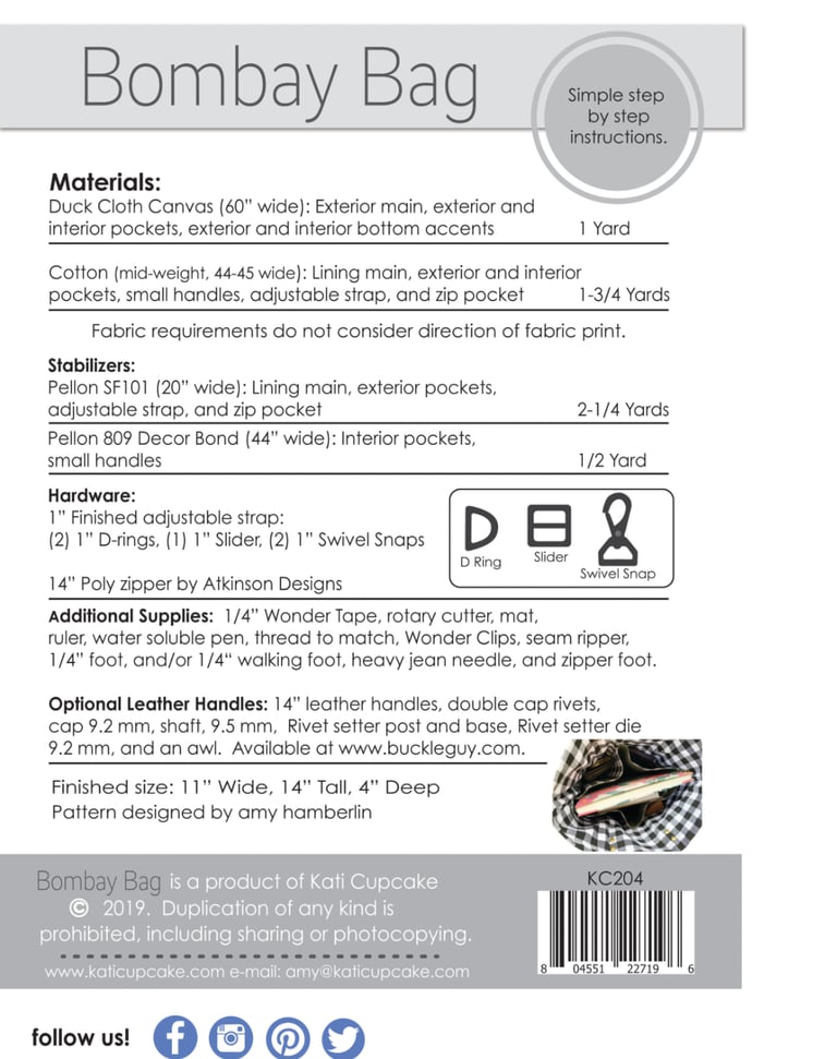 Bombay Bag pattern package with material requirements and instructions.
