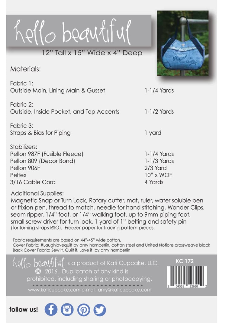 Product label with fabric requirements and materials for a bag, featuring a blue bag on a white background.
