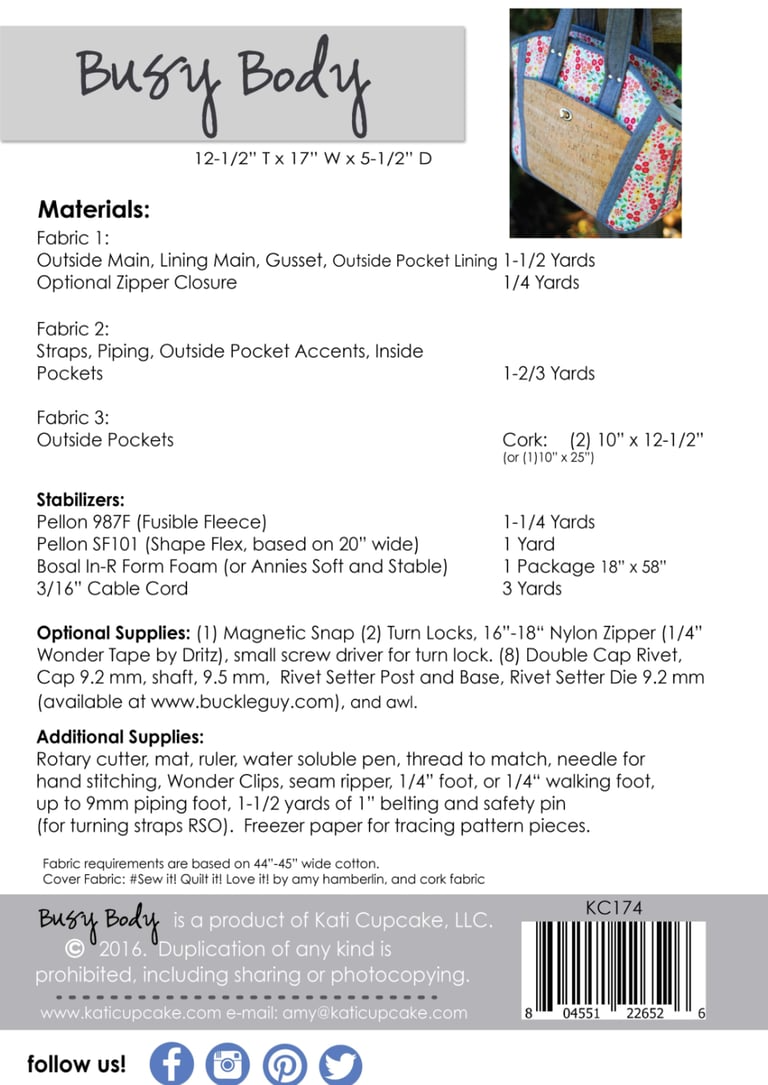 Pattern envelope back with fabric requirements and supplies for a product by Cupcake LLC.