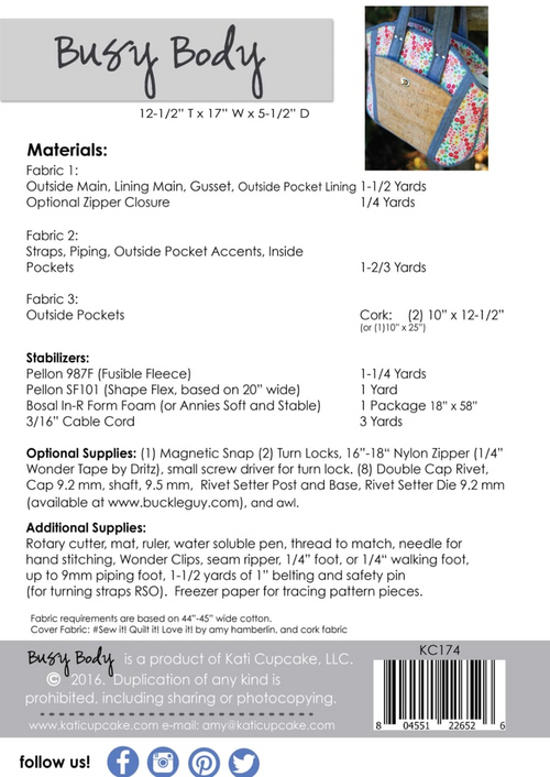 Pattern envelope back with fabric requirements and supplies for a product by Cupcake LLC.