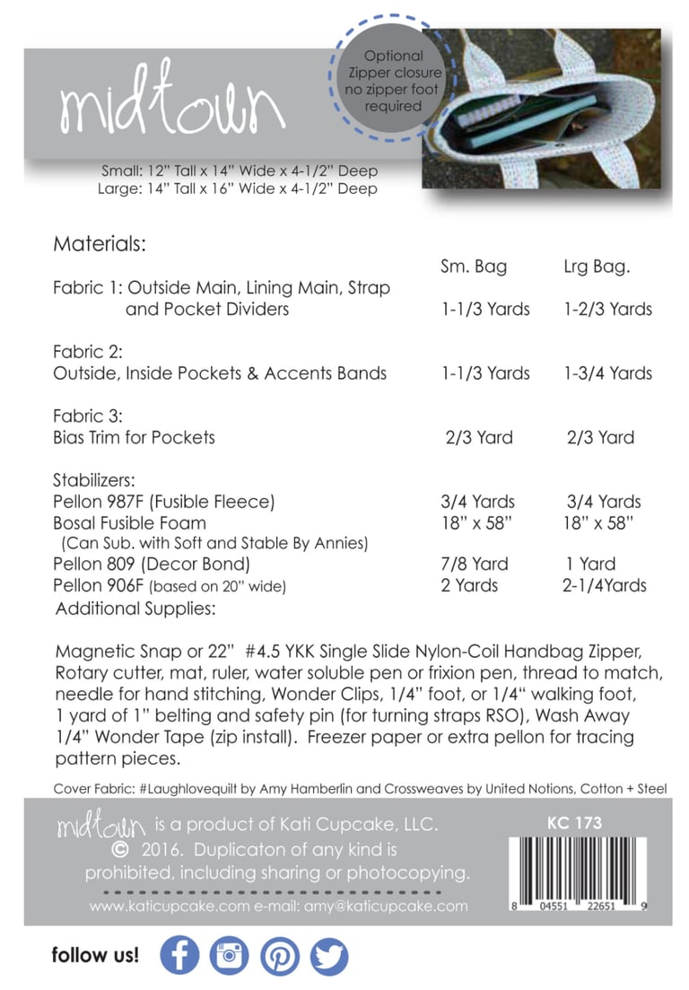 Patterned fabric swatch with zipper closure and material requirements on a gray background