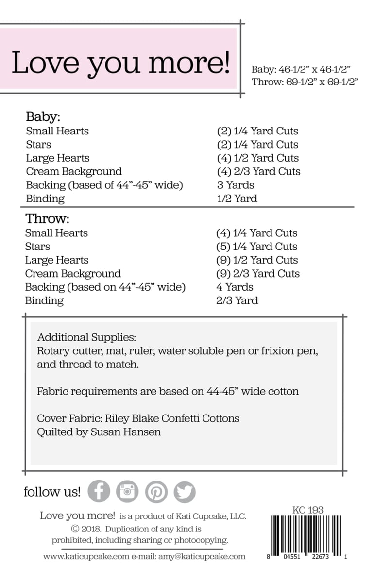 Fabric requirements chart for a baby and throw quilt with fabric types and yardage needed.