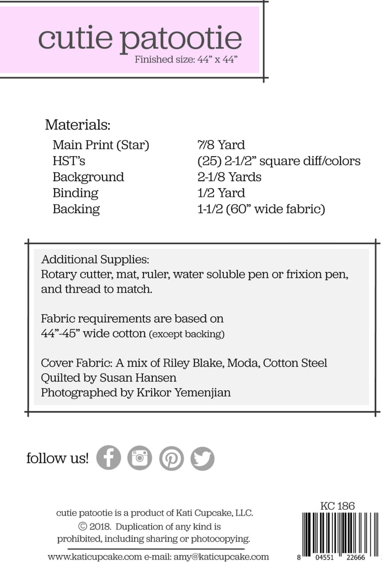 Fabric requirements label for a craft project with text and measurements.