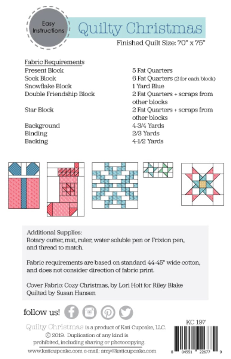 Quilt pattern guide with fabric requirements and block illustrations for 'Quilty Christmas' quilt.