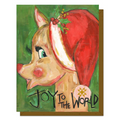 Christmas card with a reindeer wearing a Santa hat and 'Joy to the World' text on a green background.