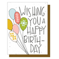 Birthday card with colorful balloons and 'Wishing you a happy birthday' text.