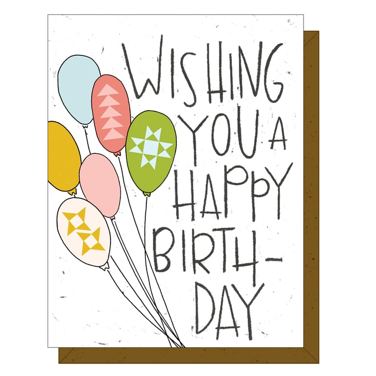 Birthday card with colorful balloons and 'Wishing you a happy birthday' text.