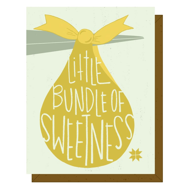 Greeting card with yellow pear shape and text 'Little Bundle of Sweetness' on a light green background