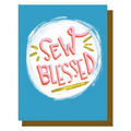 Card with 'Sew Blessed' text on a blue background