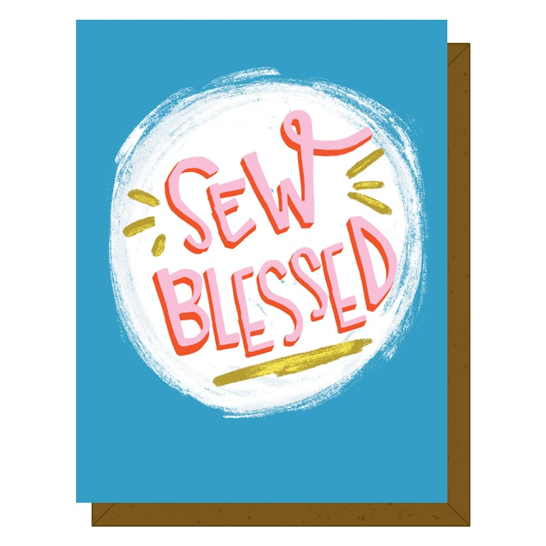Card with 'Sew Blessed' text on a blue background