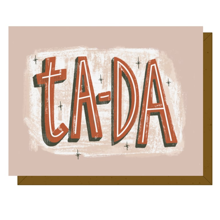 Greeting card with 'ta-da' text on a beige background