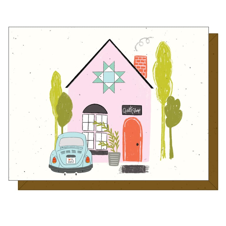 Illustration of a quilt shop with a pink building, blue car, and green trees on a white background.