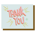 Card with 'Thank You' in pink on a light blue background