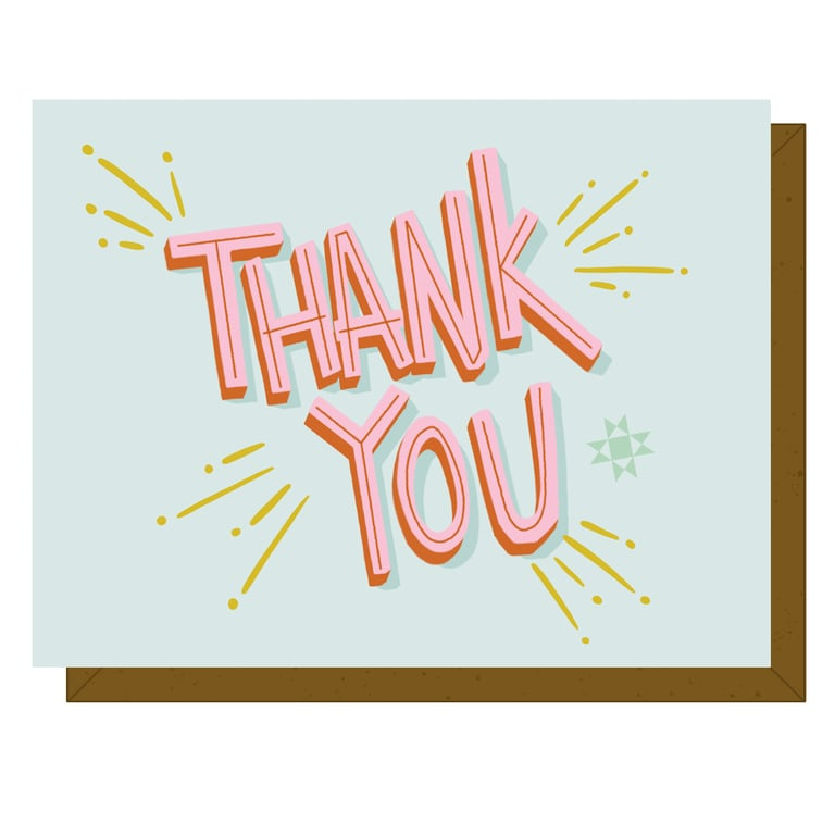 Card with 'Thank You' in pink on a light blue background