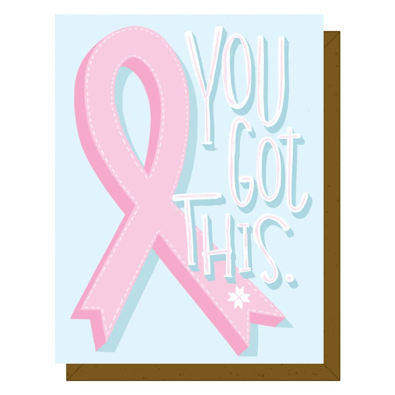 Card with pink ribbon and 'You Got This' text on a light blue background