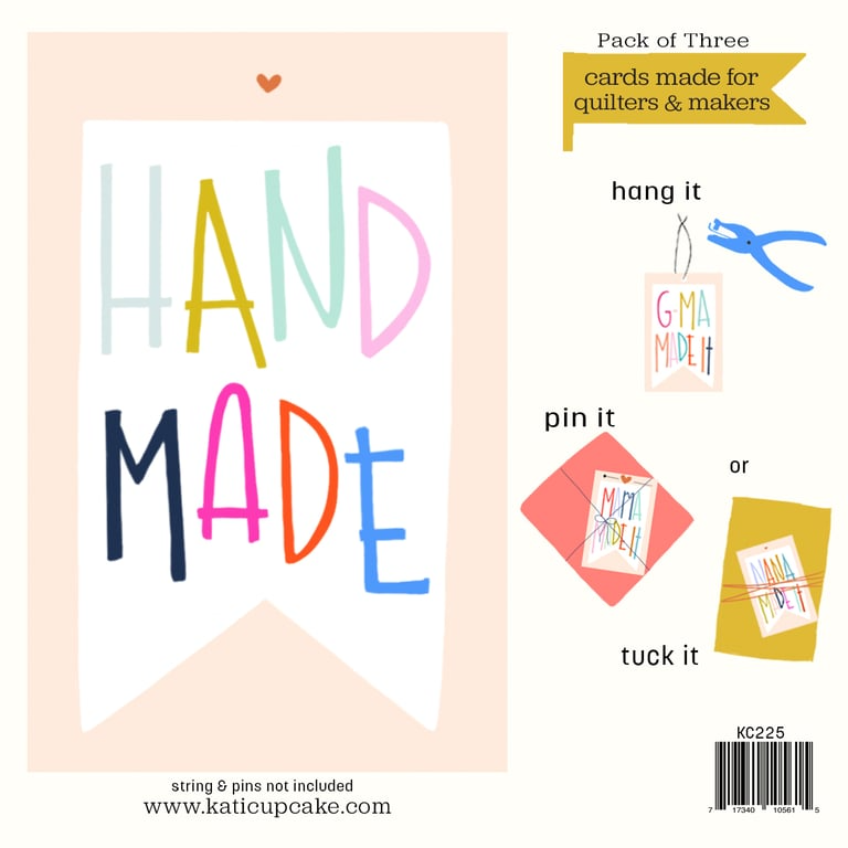 Packaging of three 'Hand Made' cards with colorful text and a pink border.