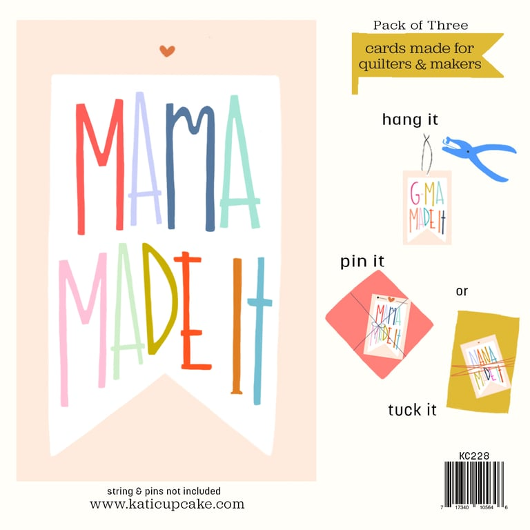 Packaging of 'Mama Made It' cards with colorful text and instructions on how to use them.