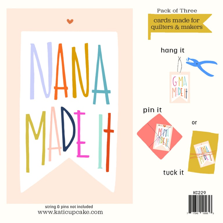 Packaging of 'Nana Made It' cards with colorful text and a pink border.
