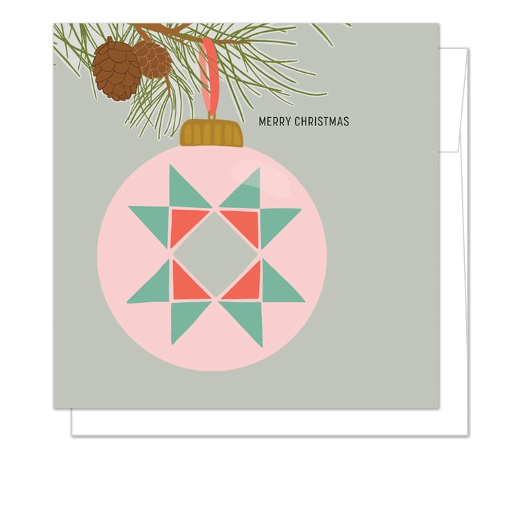 Christmas card with a pink ornament design and 'Merry Christmas' text on a light gray background.