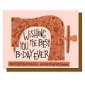 Greeting card with decorative text and floral design on a pink background