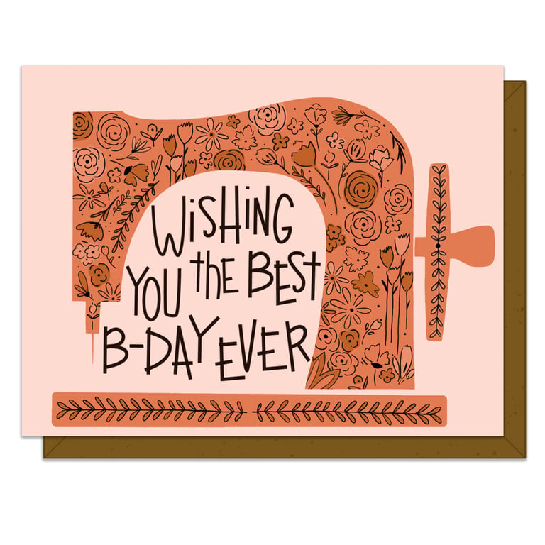 Greeting card with decorative text and floral design on a pink background