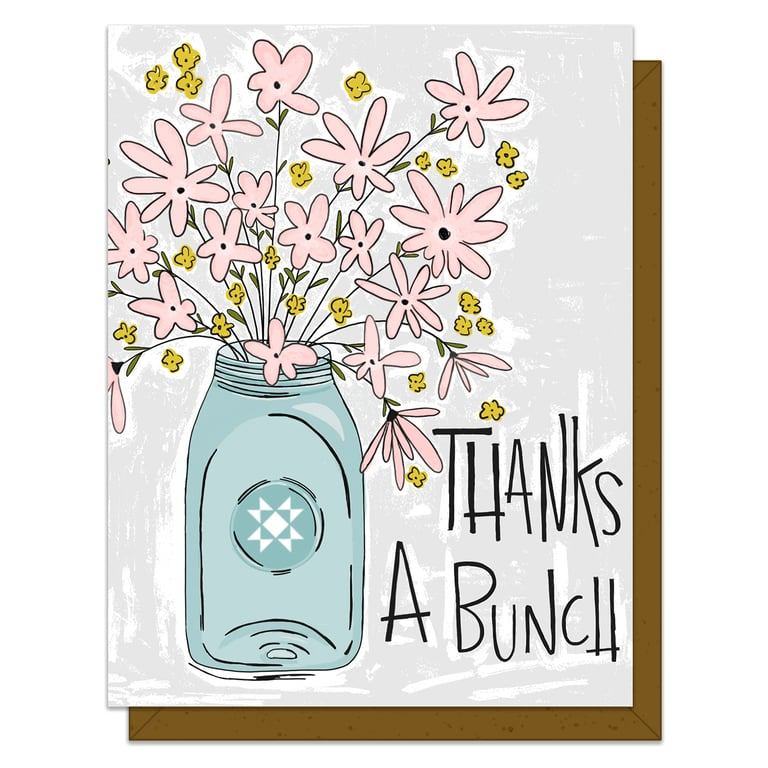Card with a mason jar of pink flowers and 'Thanks A Bunch' text on a white background