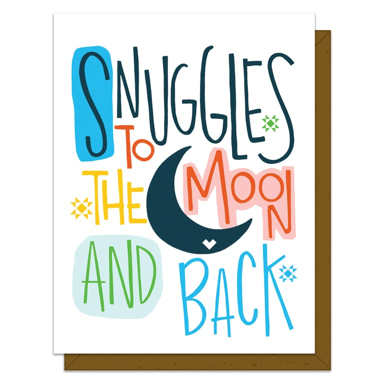 Card with 'Snuggles to the moon and back' text and a moon illustration on a white background.