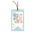 Gift tag with houses and text 'Baby, it's cold outside' on a light blue background