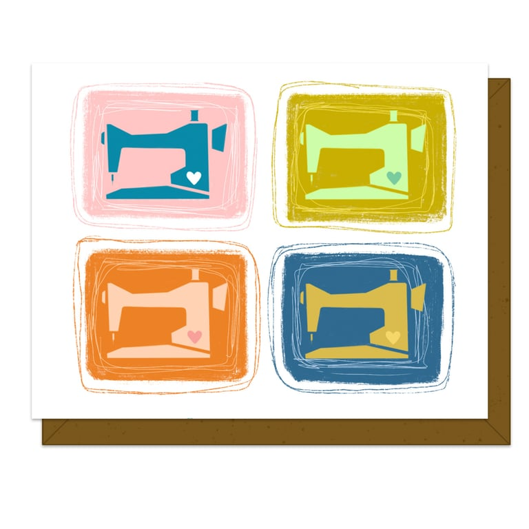 Four colorful illustrations of sewing machines on a white background with a brown border.
