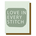 Card with 'Love in Every Stitch' text on a light green background