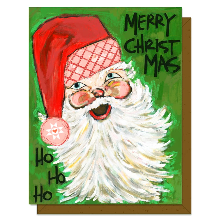 Christmas card with a cartoon Santa Claus wearing a red hat and white beard, with 'Merry Christmas' and 'Ho Ho Ho' text on a green background.