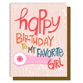 Birthday card with colorful text on a patterned background
