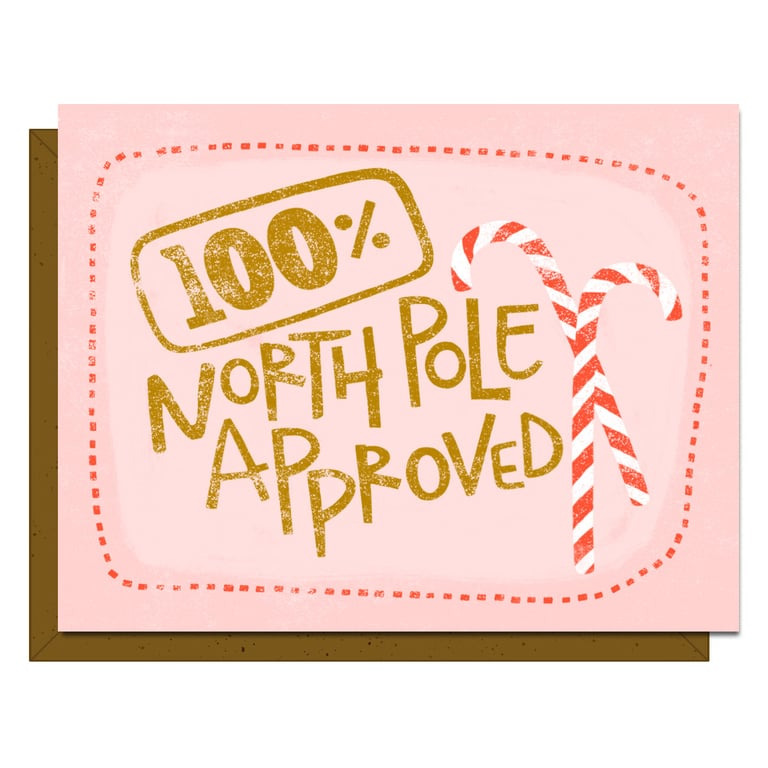 Card with '100% North Pole Approved' text and candy cane design on a pink background