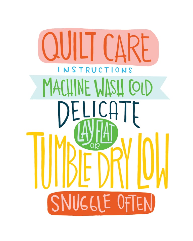 Colorful quilt care instructions on a white background