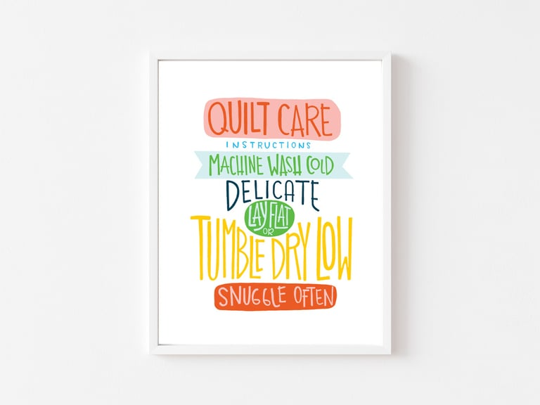 Framed print with colorful text on a white background