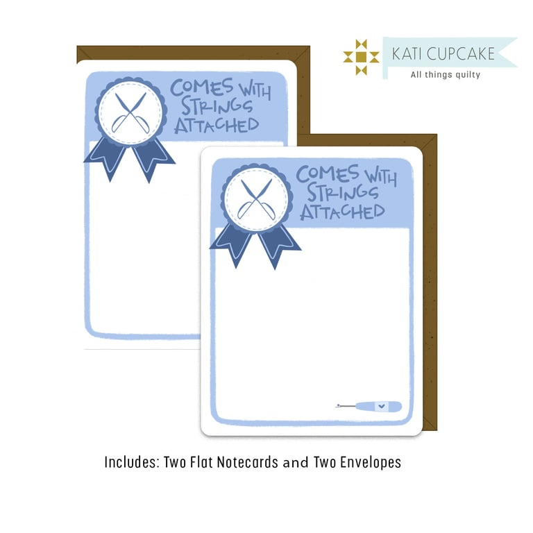 Two flat notecards with envelopes featuring a ribbon design and text, branded 'Kati Cupcake'.