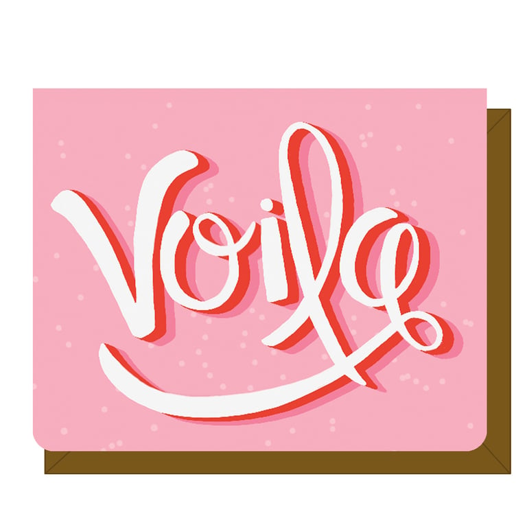Card with 'Voile' text on a pink background