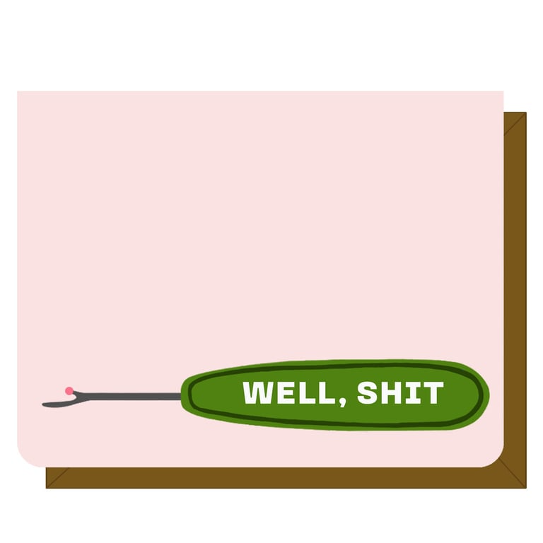 Card with a green button labeled 'WELL, SHIT' on a pink background