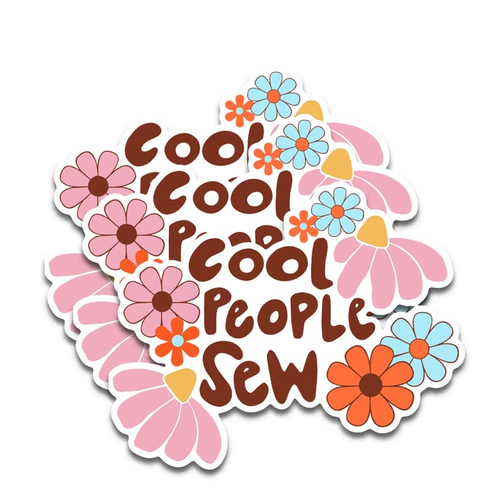 Sticker with 'Cool People Sew' text surrounded by colorful flowers on a white background