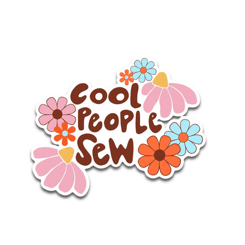 Sticker with 'Cool People Sew' text surrounded by colorful flowers on a white background