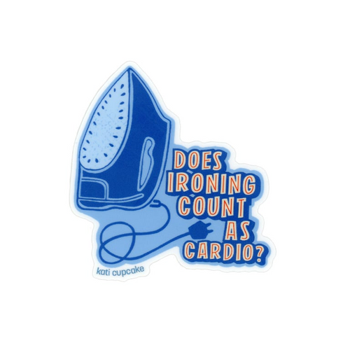 Blue iron with text 'Does Ironing Count as Cardio?' on a white background